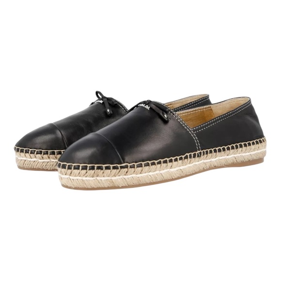 PRADA CALZATURE NAPPA BLACK ROUND TOE CAP LEATHER ESPADRILLES BOW 37 - Picture 1 of 12